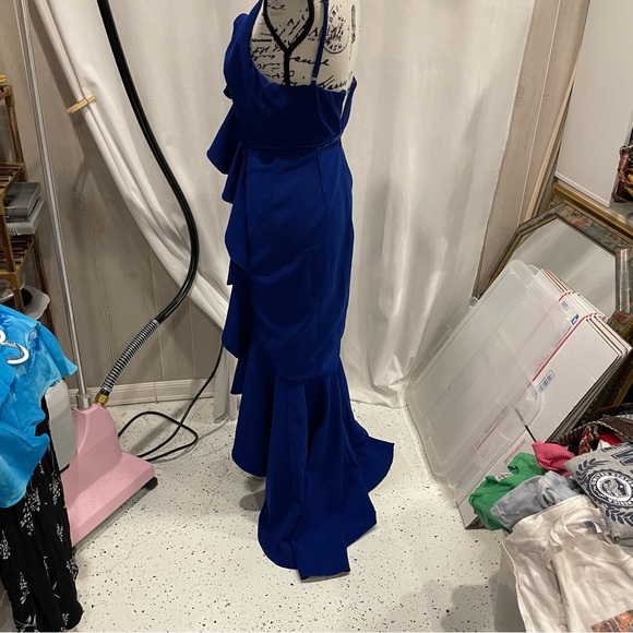 Marchesa Notte royal blue ruffle dress velvet trim tulip maxi - Picture 7 of 14